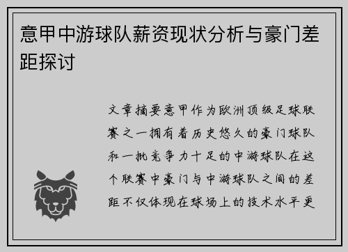 意甲中游球队薪资现状分析与豪门差距探讨