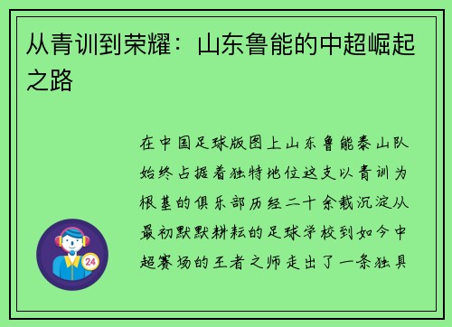 从青训到荣耀：山东鲁能的中超崛起之路