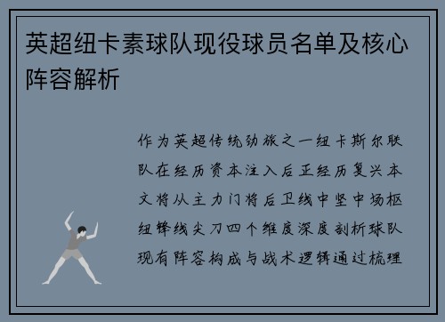 英超纽卡素球队现役球员名单及核心阵容解析